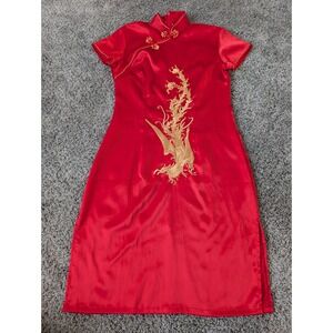 Vintage Linzhixiu Red Satin Qipao Dress Gold Phoenix Embroidery Mandarin Collar